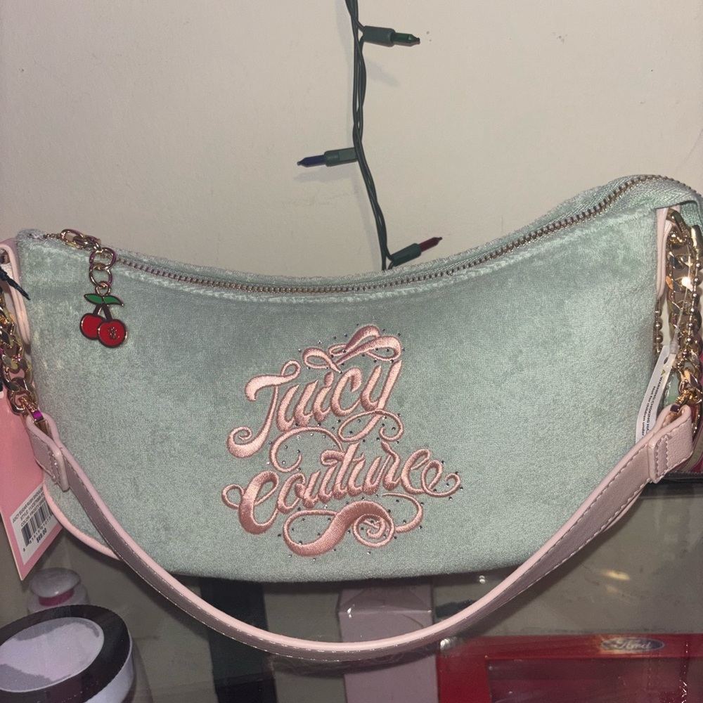 Juicy Couture Mint Green Velvet Shoulder Bag with Pink Trim